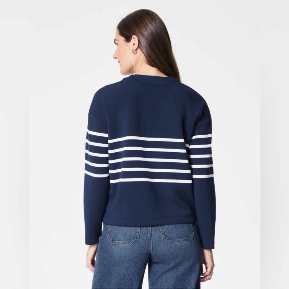 NEW SPANX airessentials long sleeve cardigan in midnight navy stripe size medium - Picture 2 of 13